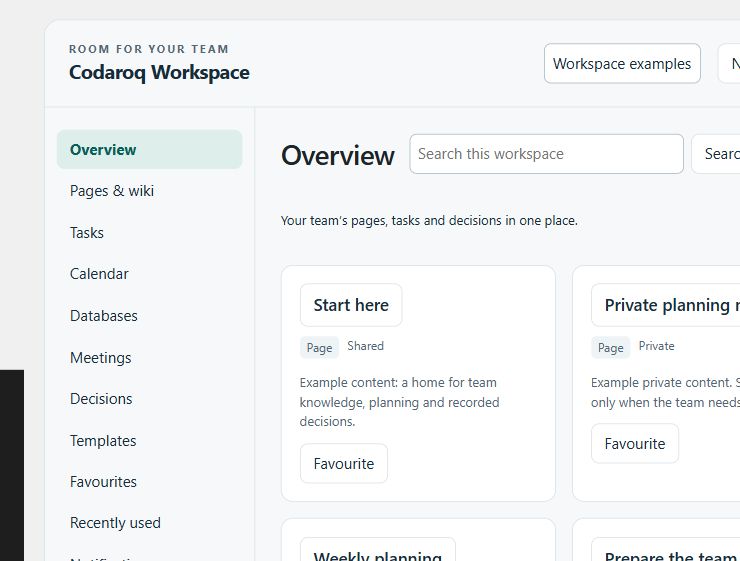 Workspace timeline showing example project start and end dates